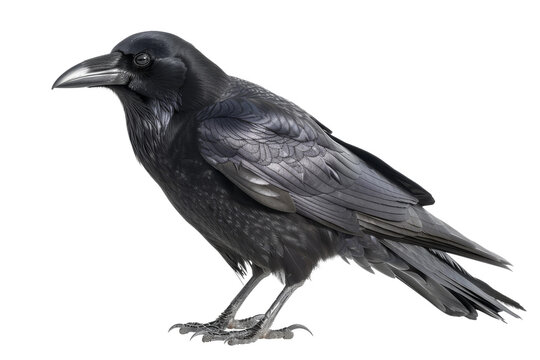 Close-up of a beautiful American crow with sharp eyes and glossy plumage isolated on transparent background