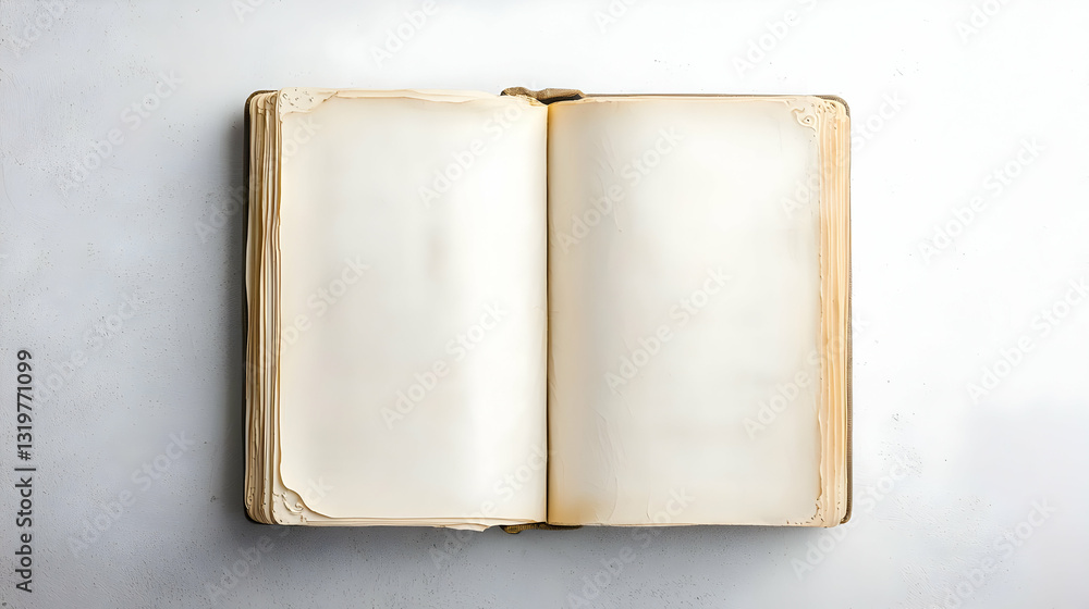 Poster open antique book with blank pages on rustic background with copy space