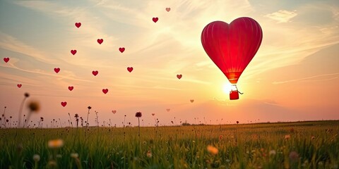 Fototapeta premium Romantic Heart Shaped Hot Air Balloon Sunset Flight over Fields
