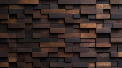 Wall made of wooden blocks with a brown color. The blocks are arranged in a way that creates a textured and rustic appearance