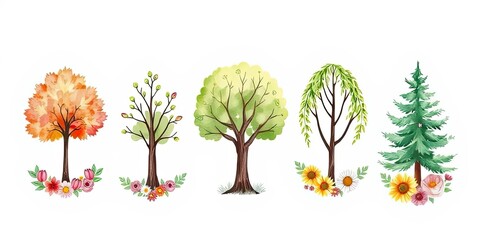 Watercolor Trees Spring Summer Autumn Winter Evergreen