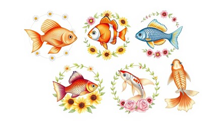 Naklejka premium Colorful Fish with Floral Wreaths Aquatic Life Nature Illustration