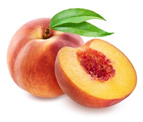 Ripe peach with leaf and half of peach on white background. File contains clipping path.
