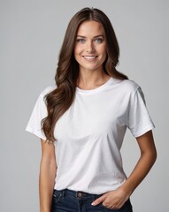 Smiling Woman in White T-Shirt on Neutral Background