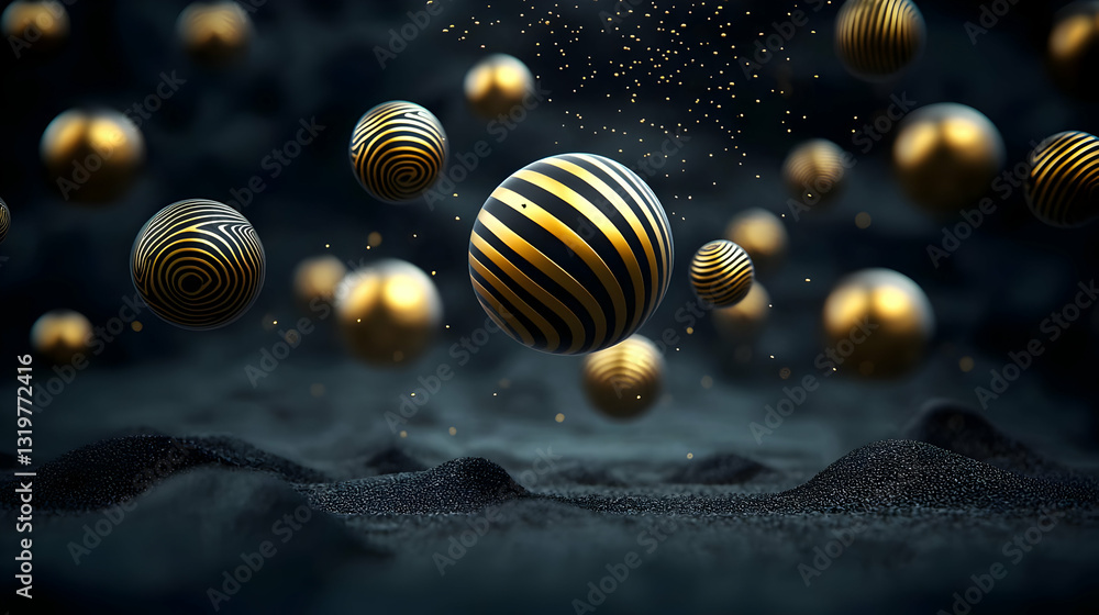 Poster 3d render of black and gold spheres with stripes and patterns floating over a granular dark surface 