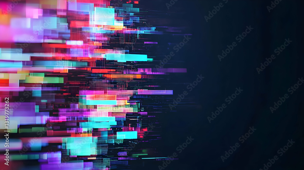 Aufkleber vivid glitch art digital distortion colorful abstract background with pixelated horizontal lines and