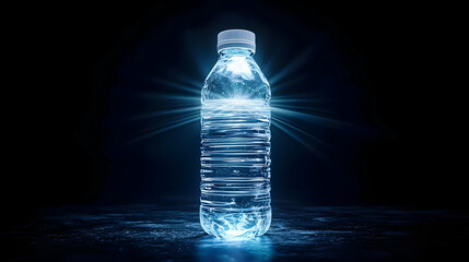 Illuminated Water Bottle In Blue Tones On Black Background with Splash Effect