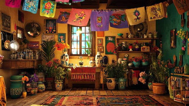 Vibrantly decorated mexican room with colorful papel picado and lush plants showcasing cinco de mayo, mexican culture