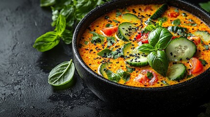 A bowl of soup with cucumbers, tomatoes, and basil on a black surface
