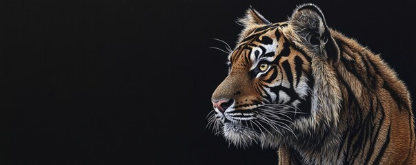 A detailed portrait depicts the side profile of an amazing tiger