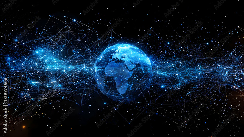 Poster blue planet earth with glowing digital network connections and data flow in dark outer space with st