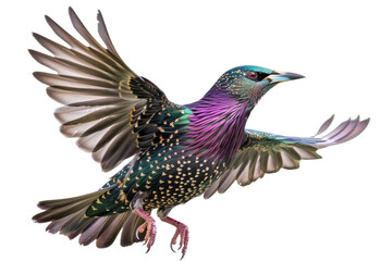 Obraz premium European starling with beautiful spotted feathers and striking beak perched on a tree branch isolated on transparent background