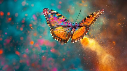 Fototapeta premium Butterfly with wings covered in colorful powders flying over a vibrant Holi celebration