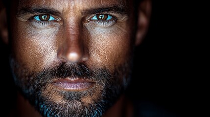  A close up of a man's face with blue eyes