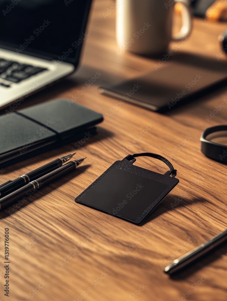 Poster clean work badge on a wooden desk with office accessories creating a warm and inviting workspace atm