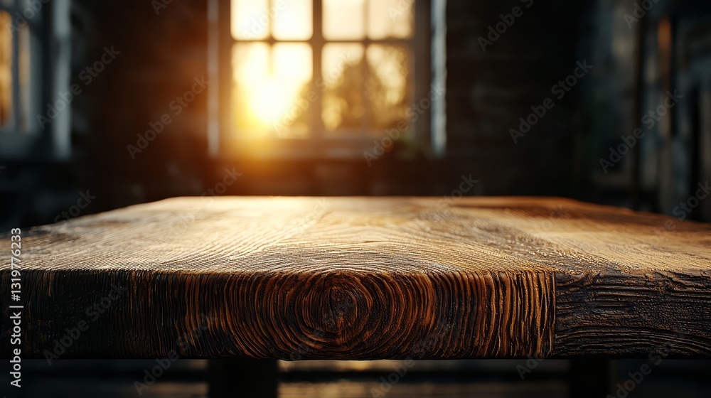 Poster wooden table with a sun shining through a window. the sun is casting a warm glow on the table