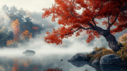 breathtaking and mystical landscape that showcases the beauty of nature in a dreamlike and ethereal setting. It combines elements of vibrant foliage, serene water, and soft mist to create a tranquil 