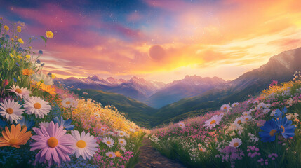 serene countryside landscape filled with colorful flowers, rolling hills, and a peaceful stream. It captures the beauty of nature in a highly idealized and idyllic manner, evoking feelings of tranquil