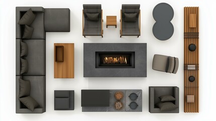 topview group of outdoor furniture with white background. fireplace concept