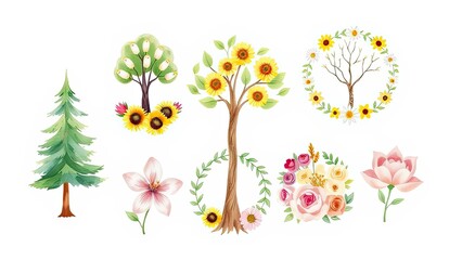 Watercolor Floral Trees Flowers Wreaths Spring Nature Elements