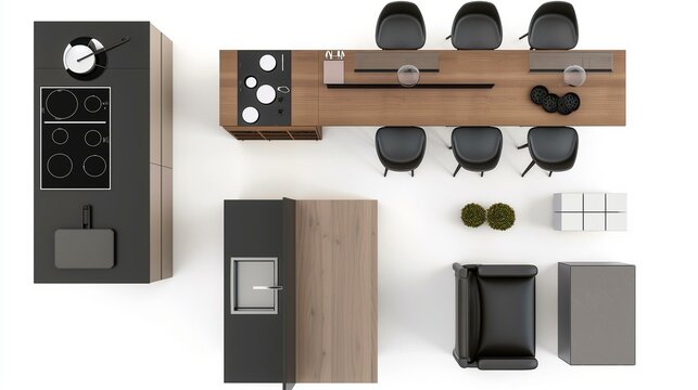 group of kitchen furniture and acessories with white background