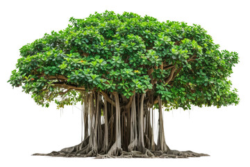 Massive banyan tree with a thick trunk and sprawling branches isolated on transparent background