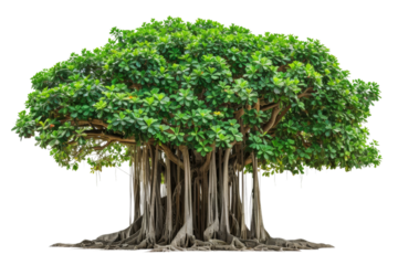 Massive banyan tree with a thick trunk and sprawling branches isolated on transparent background