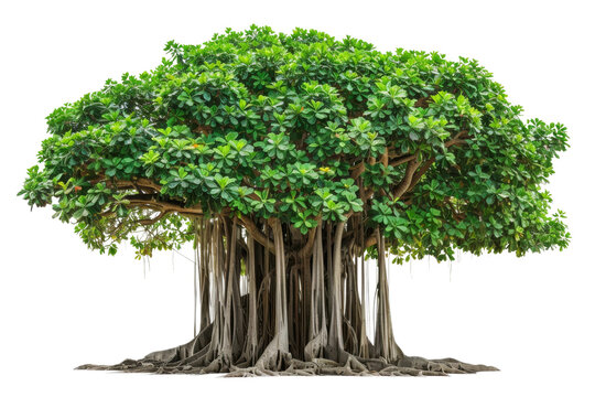 Massive banyan tree with a thick trunk and sprawling branches isolated on transparent background