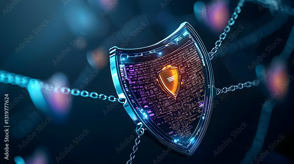 Poster glowing blue digital shield with connected chains representing security and data protection system