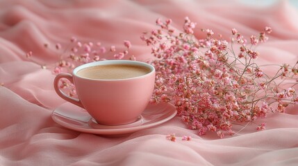 A cup of coffee sitting on top of a pink cloth
