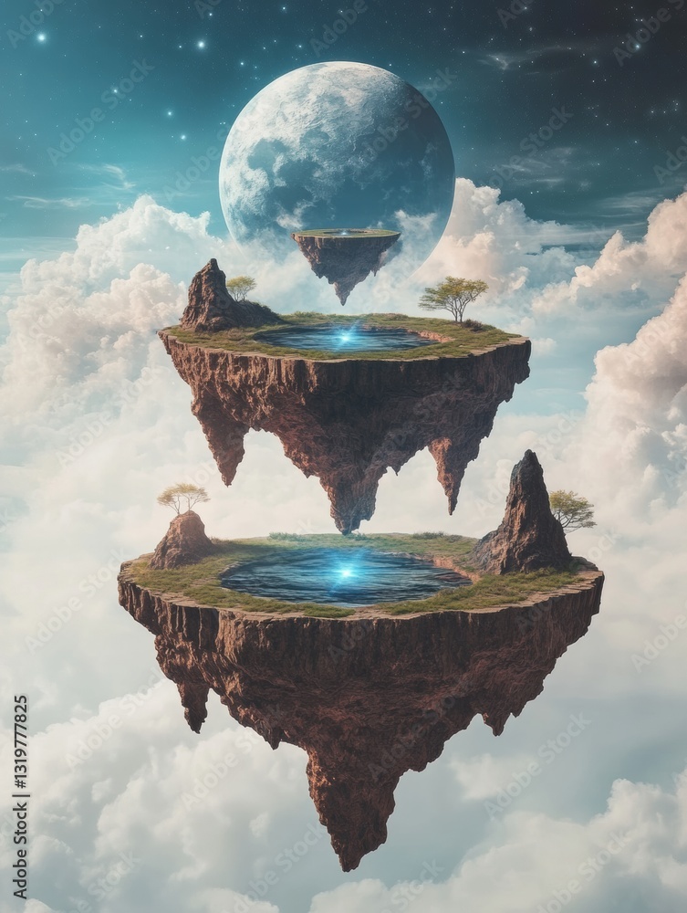 Poster exploring floating islands connected by portals in a surreal metaverse filled with endless possibili