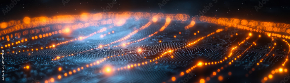 Poster abstract visualization of digital circuit board with glowing neural connections and orange neon ligh