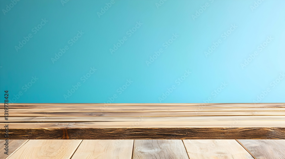 Poster empty rustic wooden table top against a teal blue wall background with copy space for product displa