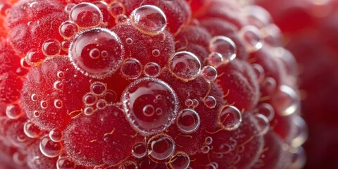 Close-up view of raspberries submerged in bubbles creates an enticing, refreshing appearance
