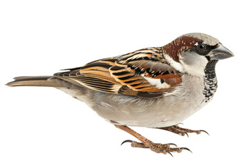 House sparrow with a beautiful mix of brown and gray feathers perched on a twig isolated on transparent background