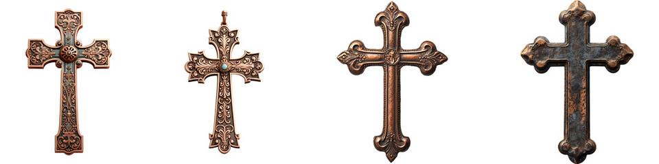 Set of old copper christian crosses isolated on transparent background
