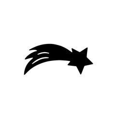 Black silhouette of a falling star with a tail on a white background, symbolizing wishes and dreams, perfect for celestial or night-themed designs.

