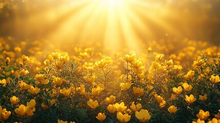 A field of yellow flowers with the sun shining through them