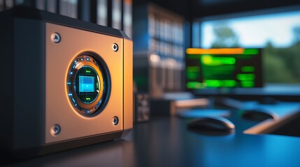 High-tech security device in a modern office setting with glowing screens and data analysis background