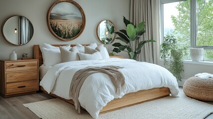 Cozy bedroom interior design modern apartment home bright environment wide angle view