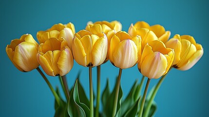 Obraz premium A bunch of yellow tulips in a vase on a blue background