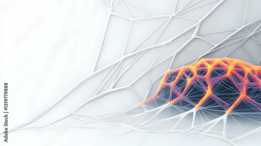 Poster abstract digital network with bright orange and black geometric structure over white grid and backgr