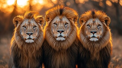 Fototapeta premium Three lions standing in a row in front of a sunset