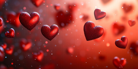 A dreamy background featuring floating red hearts on a soft gradient red backdrop, ideal for Valentine's Day promotions, love-themed events, or romantic greetings.