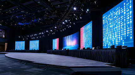 Large Empty Stage With Led Screens And Blue Backdrop In Dark Conference Hall Event Setup With Modern Design Ready For Corporate Presentation