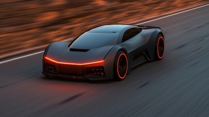 A sleek, futuristic car with glowing accents speeds down a road, showcasing modern design and dynamic motion against a blurred backdrop.