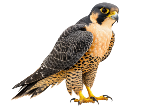 Close-up of a beautiful peregrine falcon with piercing yellow eyes and sharp feathers isolated on transparent background