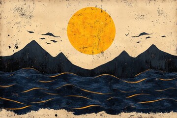 Abstract seascape with sun and mountains; textured, minimalist design. Ideal for travel, nature, or calming themes; evokes serenity and peace.