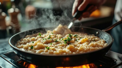 Cooking risotto with fresh ingredients cozy kitchen food warm atmosphere