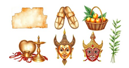 Asian Culture Traditional Masks Fruits Sandals Candle Parchment